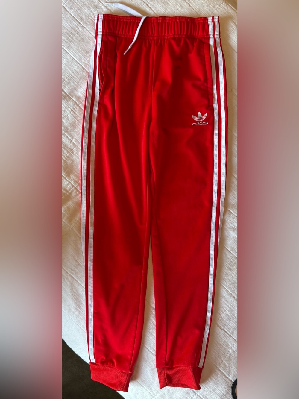 adidas Red Kids Joggers with White Side Stripes